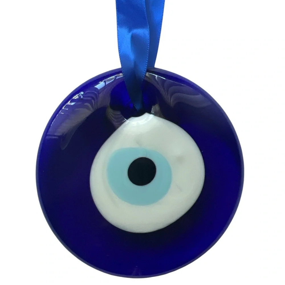 Blue Evil Eye Glass Wall Decor with Ribbon